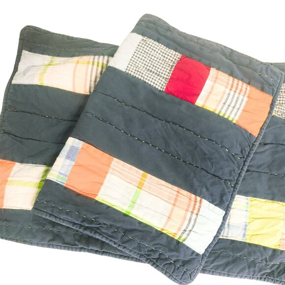 Pottery Barn Kids Plaid Patchwork Quilted Pillow Shams Set of 2 26x20in Navy - Picture 1 of 5